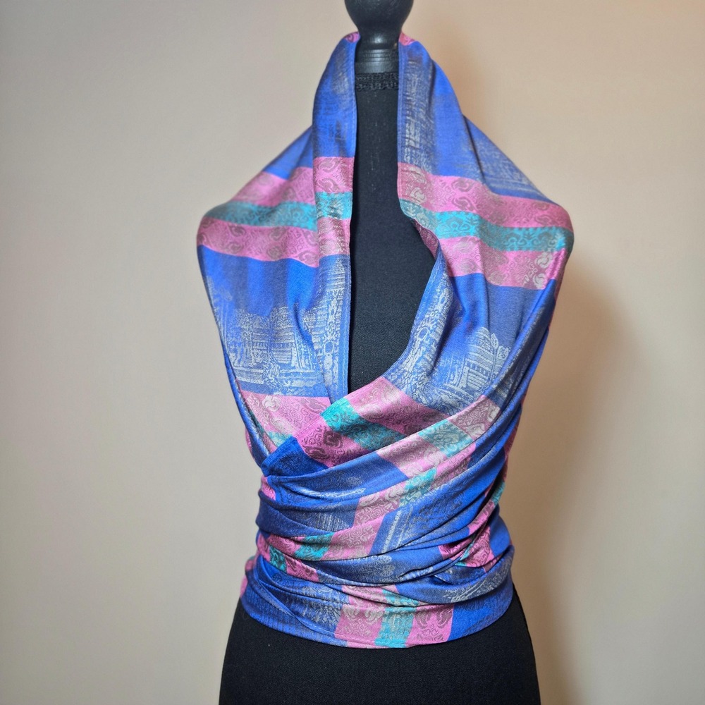 Unbranded Silk Shawl Women OS Blue Pink Excellent Angkor Wat Cambodia Scarf Wrap - Picture 1 of 7